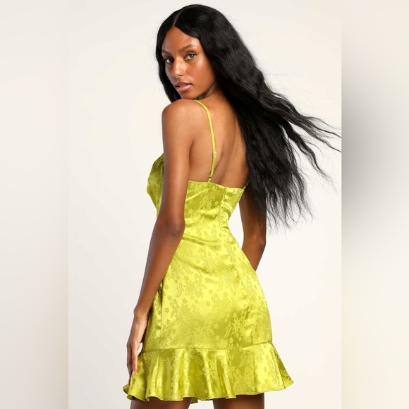 Put Me In a Trance Lime Green Satin Jacquard Cutout Mini Dress - Picture 12 of 13